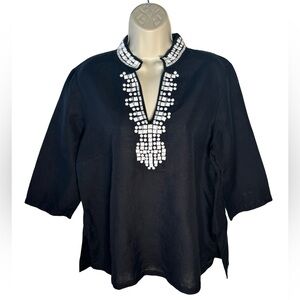 Chicos Black Linen Reef White Bead Embellished Tunic Split Neck 3/4 Slv SZ L (2)